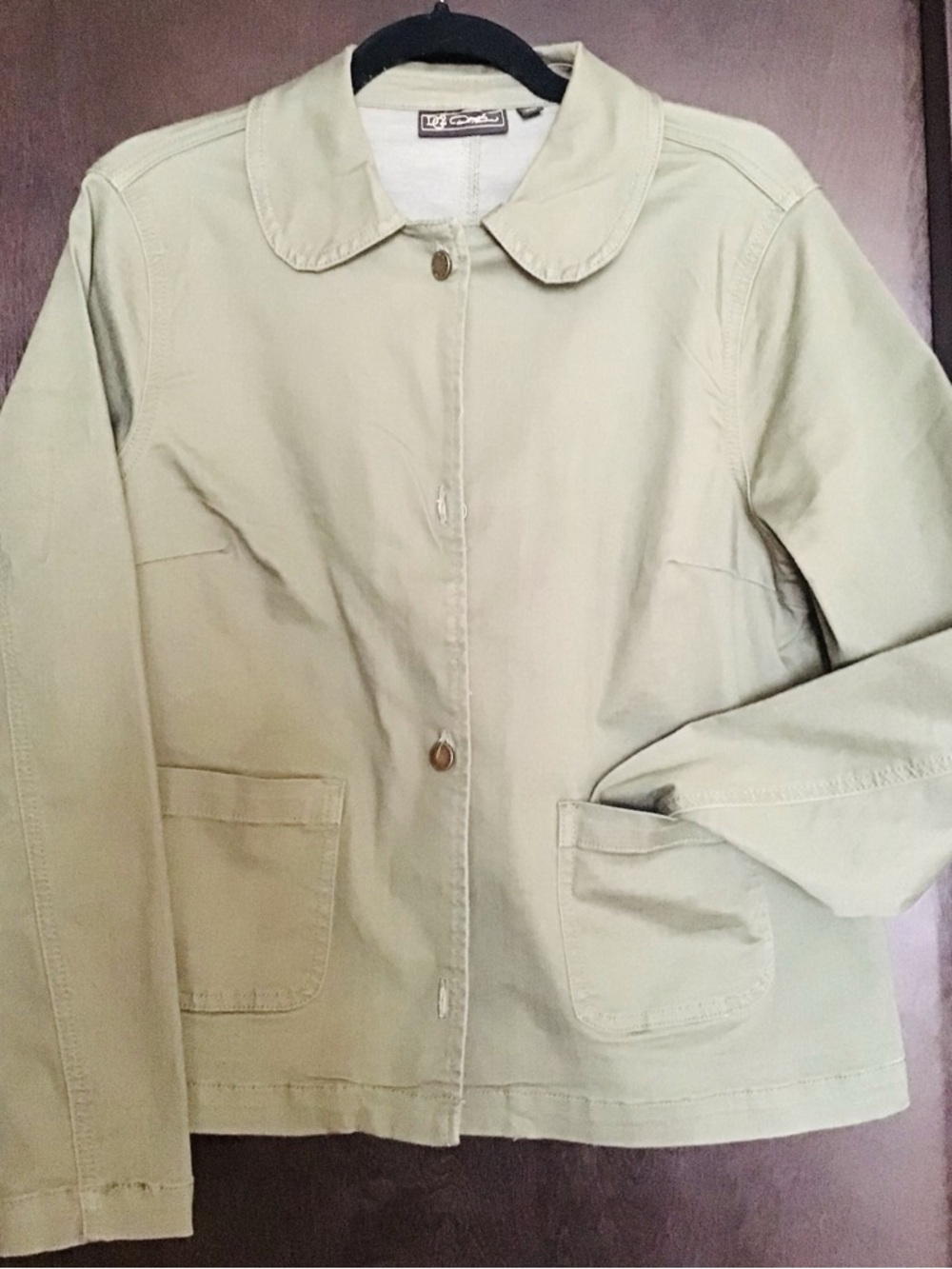 DG2 by Diane Gilman Light Olive Green Button-Front Jean Jacket Peter Pan Collar